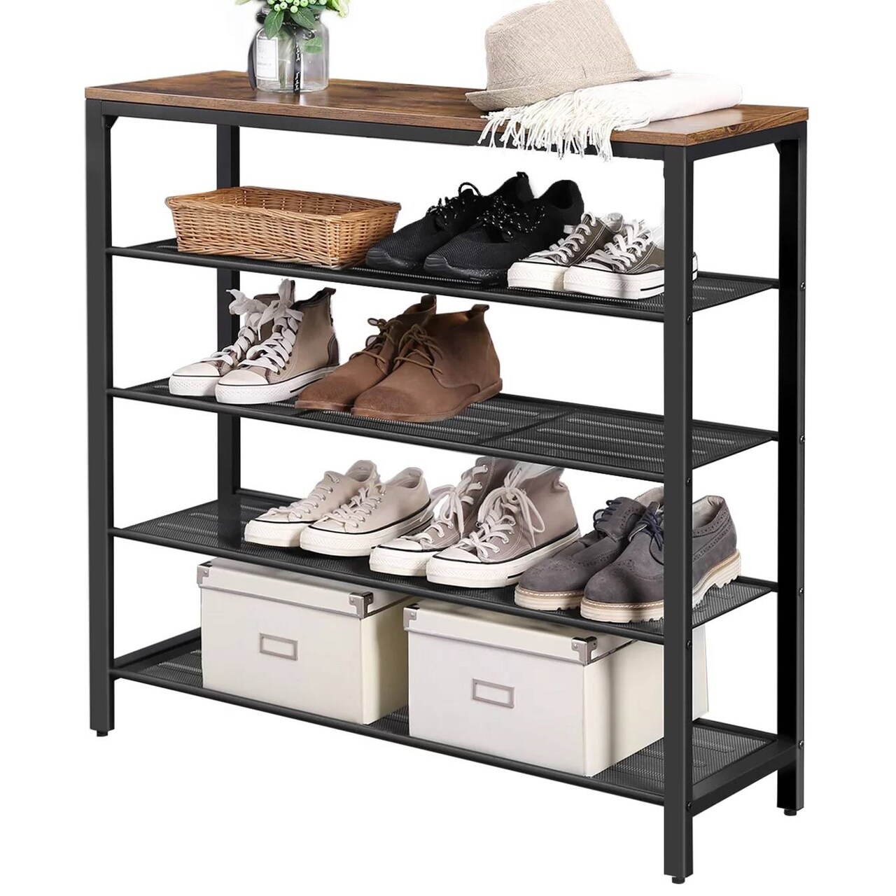 Black-Brown Metal-Wood Shoe Rack with 4 Shelves and Rustic Top Surface